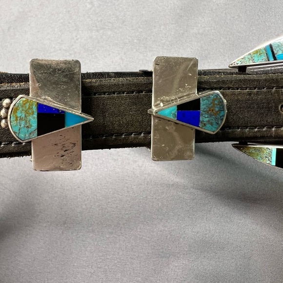 Vintage Navajo Yazzie Sterling silver turquoise & lapis belt caballo leather - Picture 5 of 16